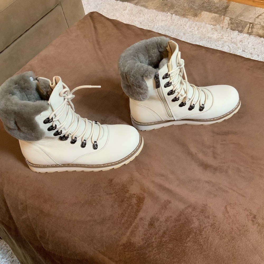 Royal Canadian Leather Shearling Waterproof boots Ivory Grey 9 Alpine Cabincore - Picture 2 of 7